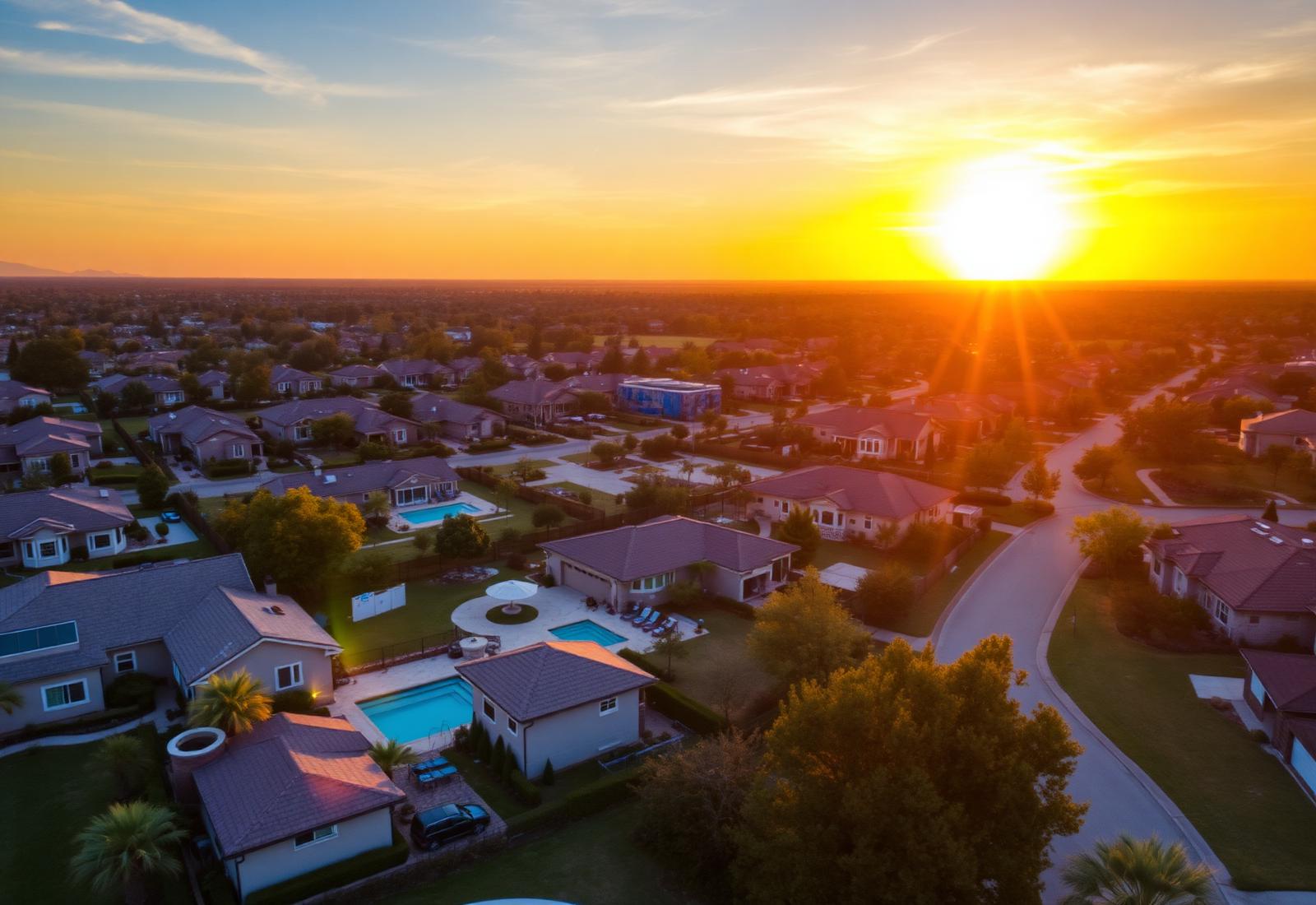 Aerial neighborhood at sunset