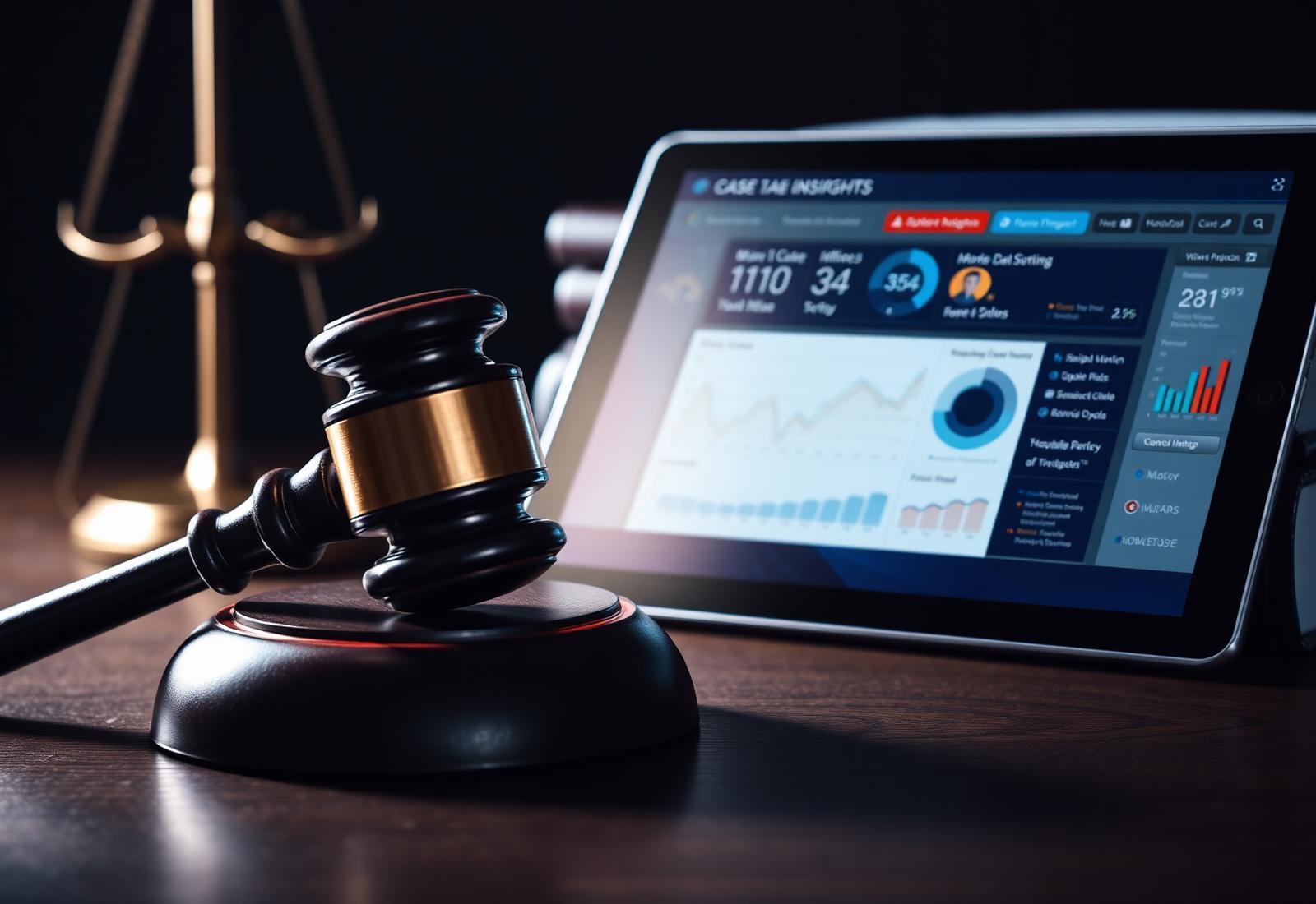 Legal AI dashboard on a tablet beside a gavel showing case and market insights