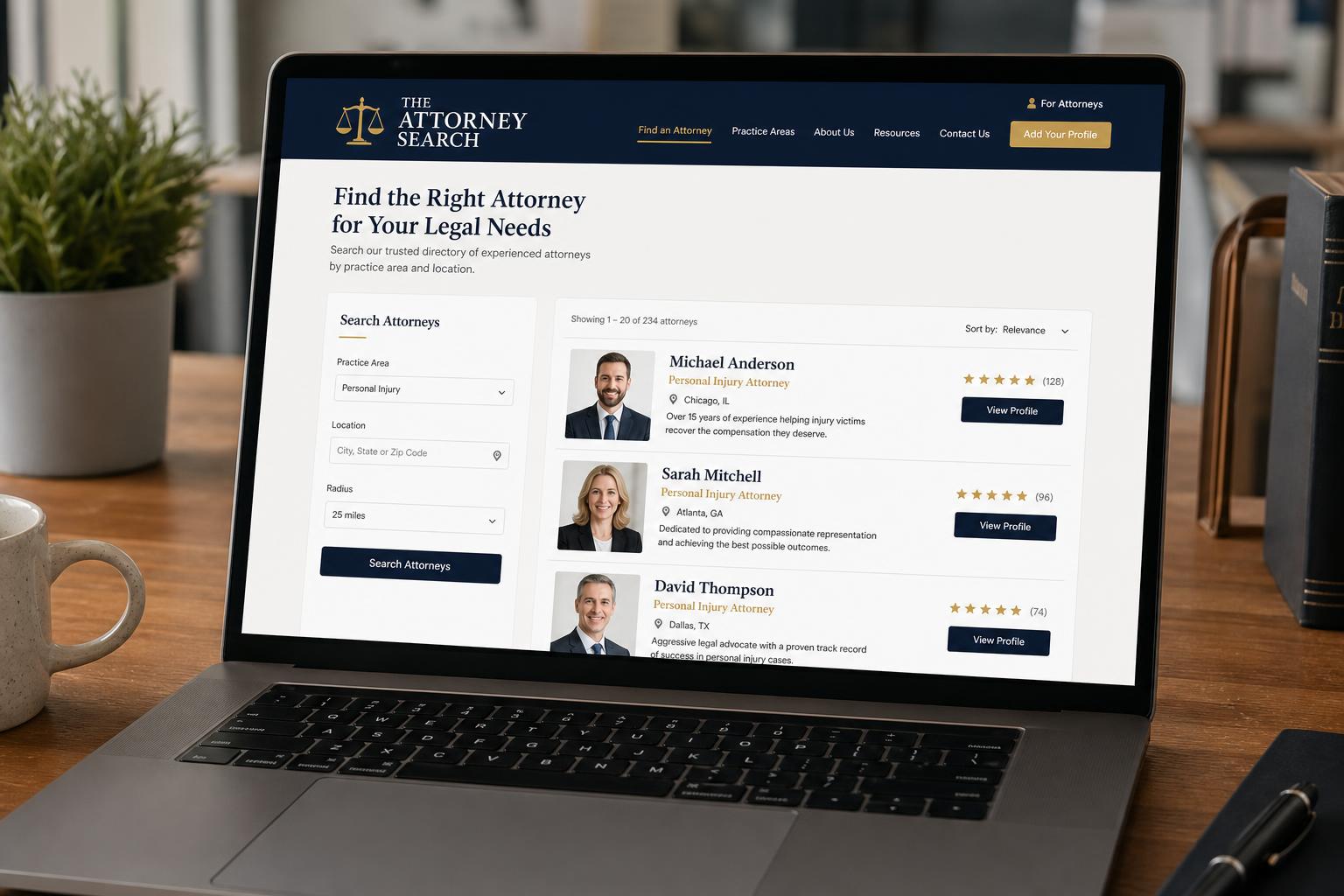 The Attorney Search directory shown on a laptop with attorney profiles and search filters