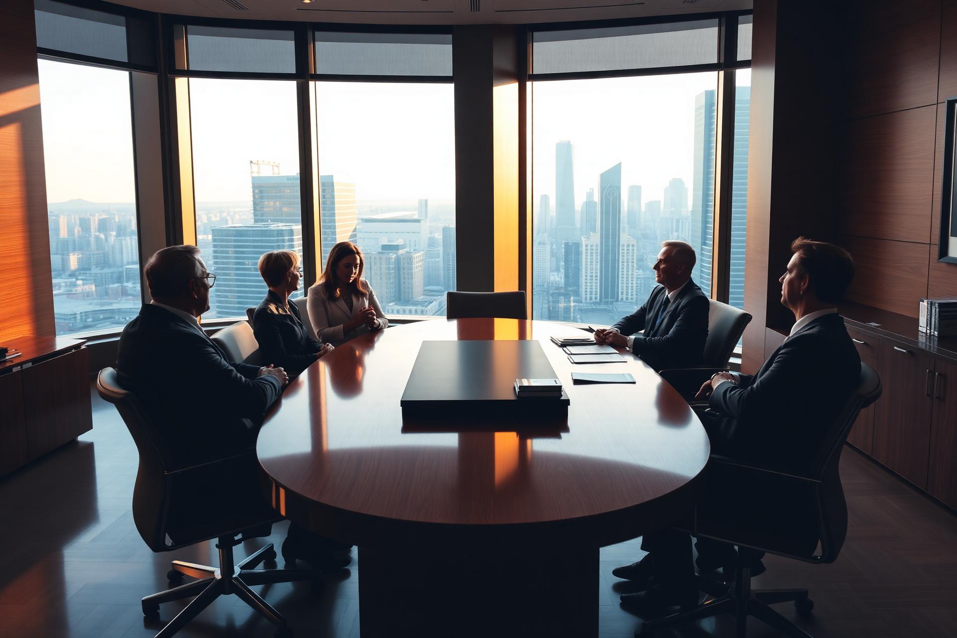 Law firm partners meeting in a high-rise boardroom