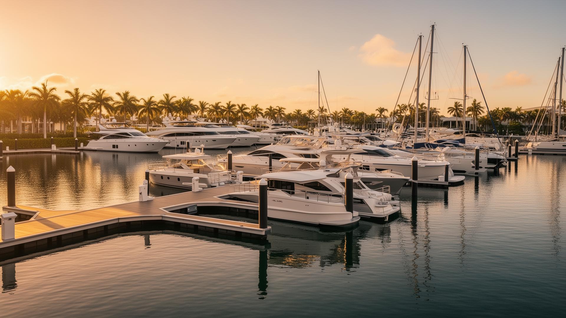 Luxury marina at golden hour with rows of yachts